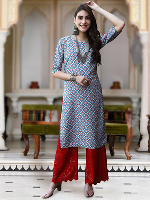 Moda Rapido Women Floral Print Straight Kurta(Blue)
