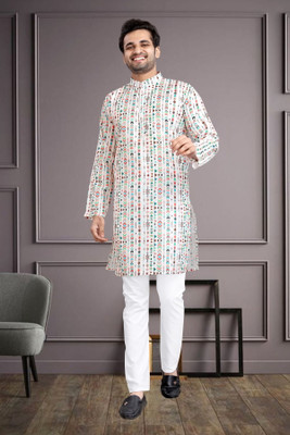 MENTIFIC Men Printed Straight Kurta(White)