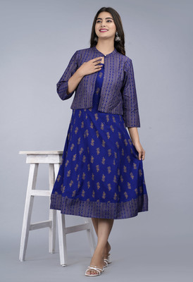 Ankita tex Women Block Print A-line Kurta(Blue)