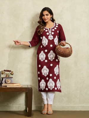 Lusiva Women Embroidered Straight Kurta(Maroon)