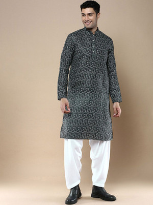 ANOUK Men Floral Print Straight Kurta(Green)
