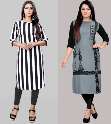 Hiral Creation Women Striped Straight Kurta(Grey, White)