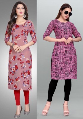 Modli 20 Fashion Women Striped, Printed Straight Kurta(Pink)