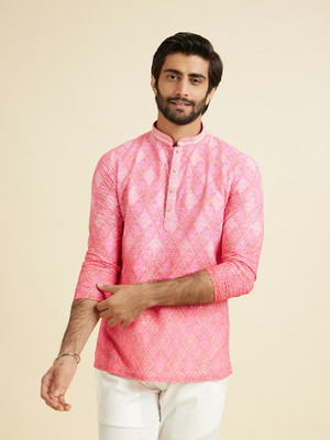 MANYAVAR Men Printed Straight Kurta(Pink)