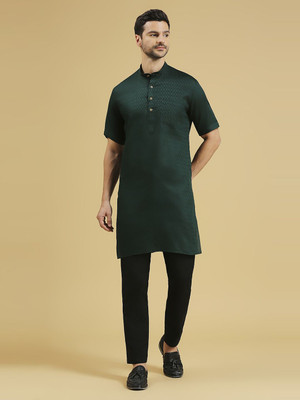 Rajubhai Hargovindas Men Woven Design A-line Kurta(Dark Green)