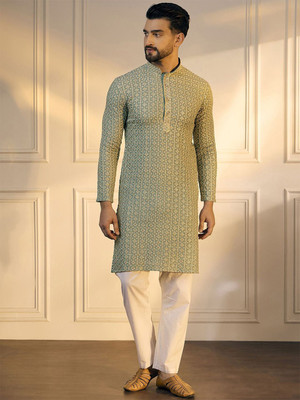House of Pataudi Men Geometric Print Straight Kurta(Grey)