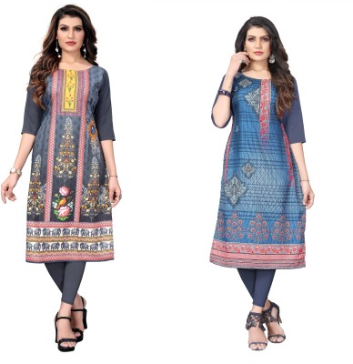 Growmore Fab Women Printed A-line Kurta(Grey, Light Blue)