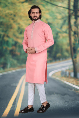 Manya Creation Men Solid A-line Kurta(Pink)