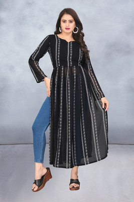 JOYDORE Women Striped Anarkali Kurta(Black)