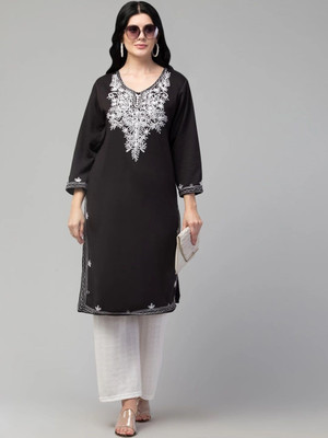 CROWN KING GARMENTS Women Embroidered Straight Kurta(Black)