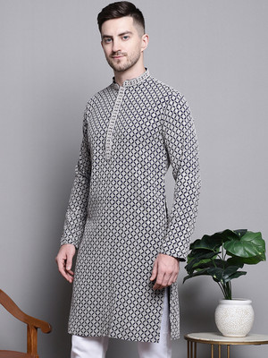 Jompers Men Chikan Embroidery Straight Kurta(Blue)