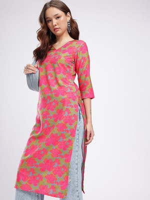Anouk Rustic Women Floral Print Straight Kurta(Pink)