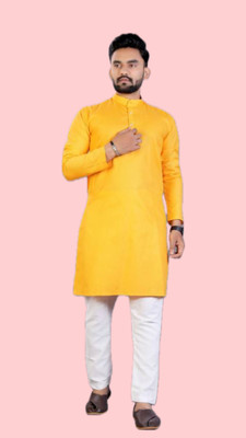 HouseOfCommon Men Solid A-line Kurta(Yellow)