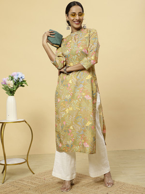 Jaipur Kurti Women Printed Straight Kurta(Yellow)