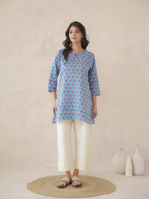 Goodhand Women Printed Straight Kurta(Light Blue)