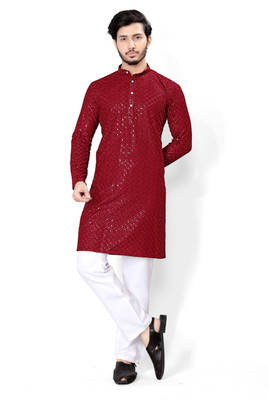 StyleVault Men Self Design Straight Kurta(Maroon)