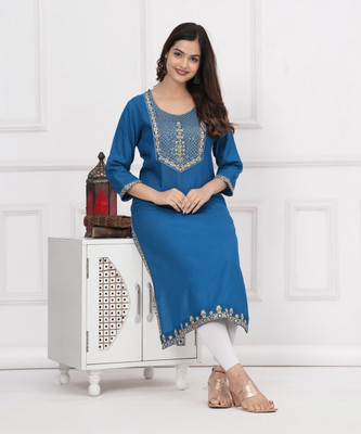 his&her Women Embroidered, Embellished Straight Kurta(Red)