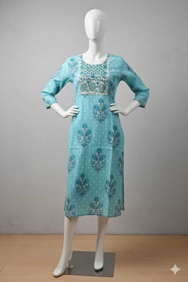 Arishafabric Women Printed, Floral Print A-line Kurta(Light Blue)
