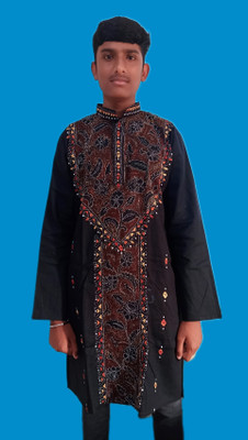 Kc trends Men Embroidered Straight Kurta(Black)