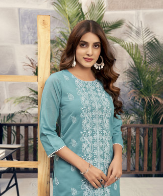 Samah Women Chikan Embroidery, Embellished, Dyed/Ombre, Self Design Straight Kurta(Light Blue)