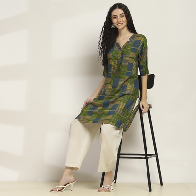 RANGRITI Women Printed Straight Kurta(Green)