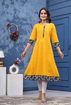 queen Consort Women Printed, Solid Anarkali Kurta(Yellow)