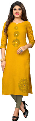 VBUYZ Women Printed Straight Kurta(Yellow)