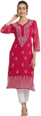 Sheeraz khan Women Chikan Embroidery A-line Kurta(Red, White)