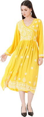 ABHIMAA Women Chikan Embroidery A-line Kurta(Yellow)