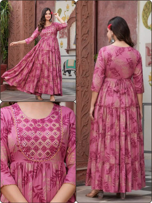 BAKNAD Women Floral Print Flared Kurta(Maroon)