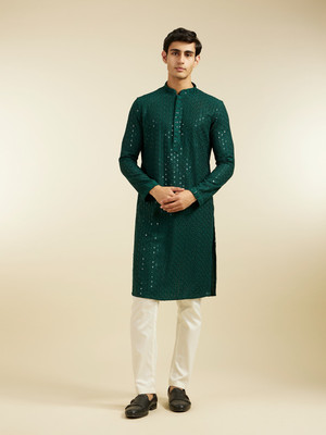 DIWAS by Manyavar Men Embroidered Straight Kurta(Green)