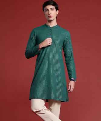 ANOUK Men Striped Straight Kurta(Green)