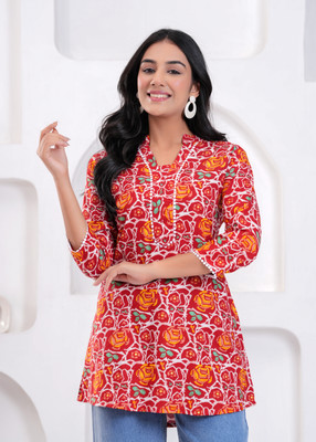 Deepyog Women Floral Print Straight Kurta(Maroon)