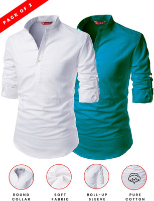 FireFish Men Solid A-line Kurta(Dark Green, White)