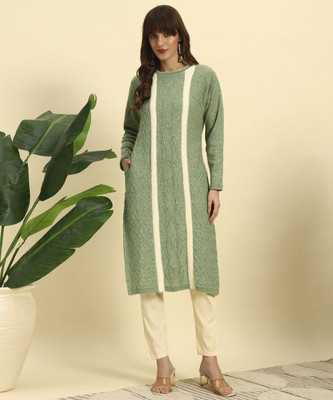 HERMISTON Women Striped Straight Kurta(Green)