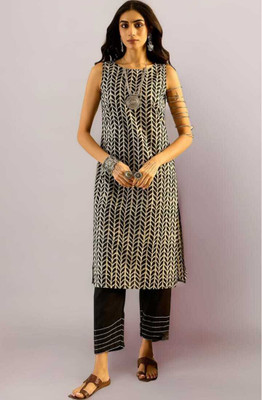 RPS CREATION Women Geometric Print, Printed Straight Kurta(Black, White)