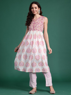 Indo Era Women Printed Anarkali Kurta(White)