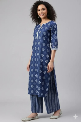 minni Women Printed Straight Kurta(Dark Blue)