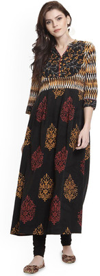 ANOUK Women Printed Anarkali Kurta(Black)