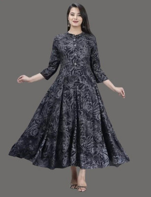 AnviTextile Women Printed Anarkali Kurta(Black, Grey)
