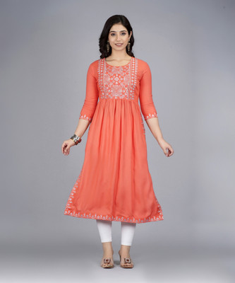 RIXRY Women Embroidered Straight Kurta(Orange, White)
