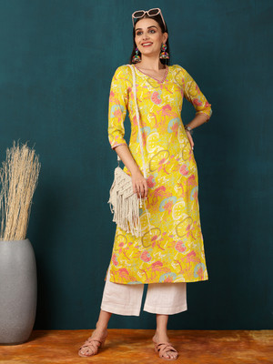 Sa Rasa Women Floral Print Straight Kurta(Yellow)