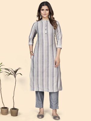 VBUYZ Women Printed Straight Kurta(Grey)