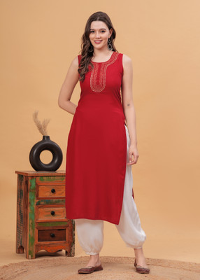 NYPA Women Embroidered Straight Kurta(Maroon)