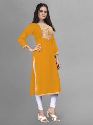 Akanttaa Women Embroidered A-line Kurta(Yellow)