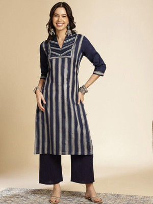 ANOUK Women Printed Straight Kurta(Dark Blue, White)