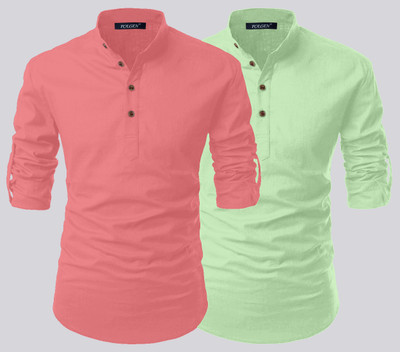 FOLGEN Men Solid Flared Kurta(Pink, Light Green)