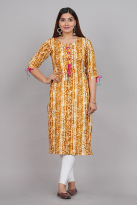 METAFAB Women Printed Straight Kurta(Yellow, White)