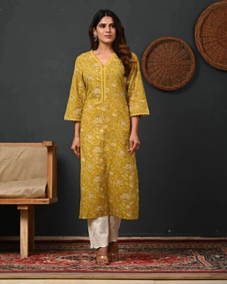 VARINYA Women Floral Print Straight Kurta(Yellow)