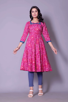 FULPARI Women Bandhani Anarkali Kurta(Pink)
